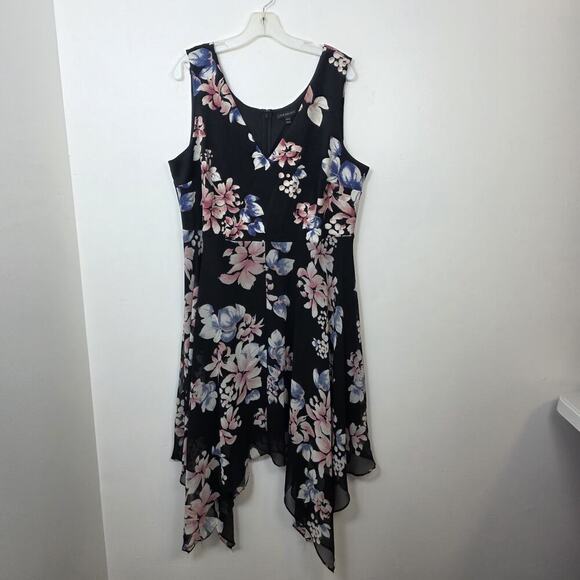 Lane Bryant Black Pink Floral Handkerchief Hem Midi Sleeveless Dress Size 20 - Picture 1 of 6